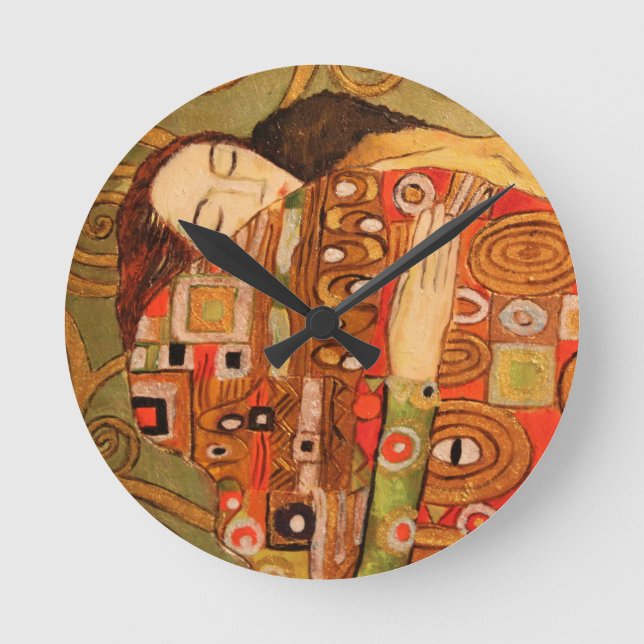 Fulfillment  (The Embrace) Art by Gustav Klimt Round Clock (Front)