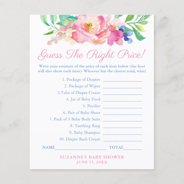 Full Bloom Guess The Price Baby Shower Game Card Flyer (Front)