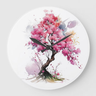 Full Bloom Sakura Cherry Blossom Tree Watercolor Large Clock