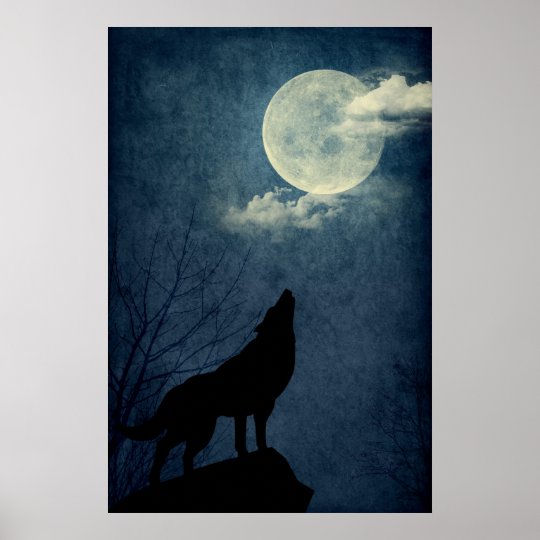 Full Blue Moon Howling Wolf Silhouette Poster | Zazzle
