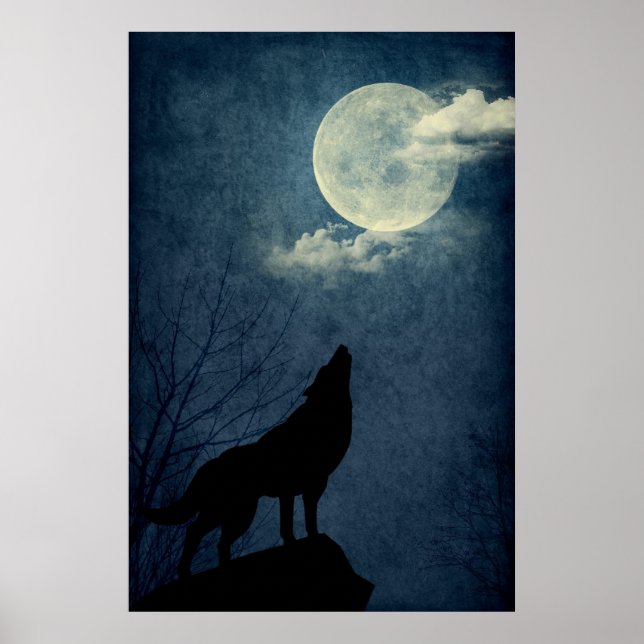 Full Blue Moon Howling Wolf Silhouette Poster (Front)