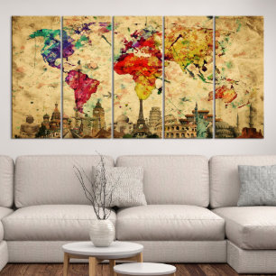 Full Color 5 Panel World Map Stretched Canvas