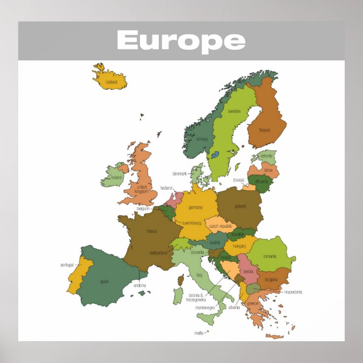 Full Color Map of Europe Poster Zazzle