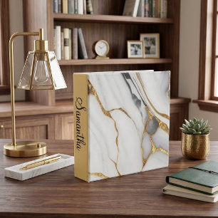 Full Color Marble Personalized Gold Grey & White 3 Ring Binder