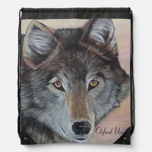 full color portrait picture of gray wolf drawstring bag