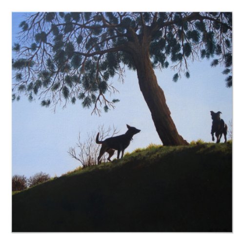 full color scenic dogs in park landscape art poster