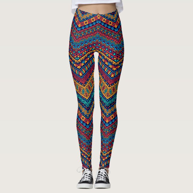 Full-Color Zigzag Geometric Patterns  Leggings (Front)