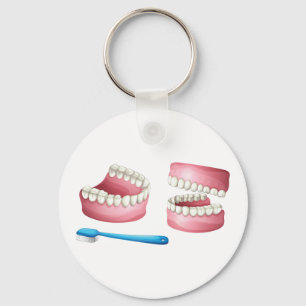 Full Dentures and Blue Toothbrush Dental Care Keychain