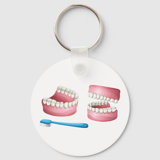 Full Dentures and Blue Toothbrush Dental Care Keychain (Front)