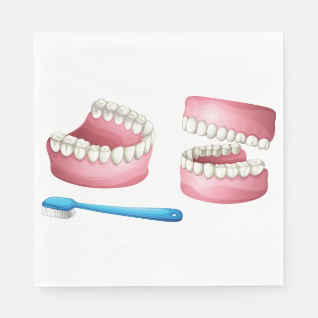Full Dentures and Blue Toothbrush Dental Care Paper Napkins (Front)
