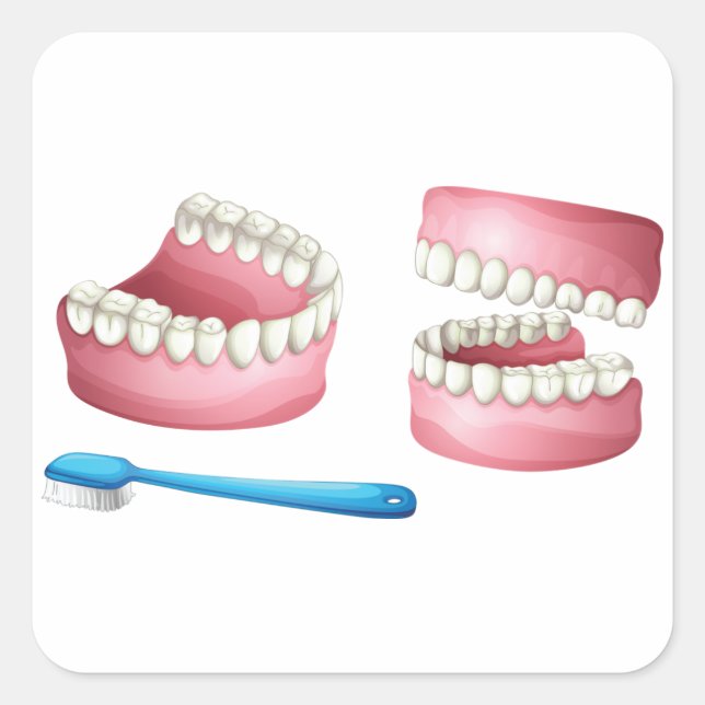 Full Dentures and Blue Toothbrush Dental Care Square Sticker (Front)