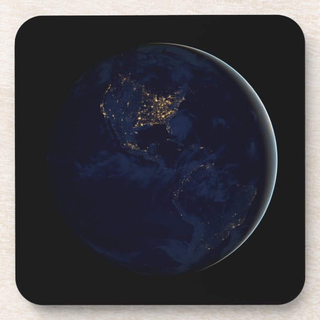 Full Earth At Night With City Lights Of Americas Beverage Coaster (Front)