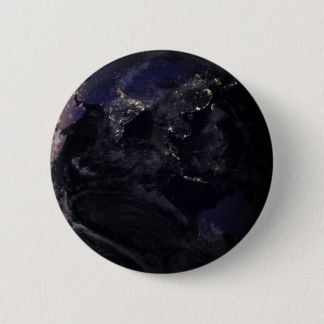 Full Earth Showing City Lights Of Asia At Night. Button (Front)