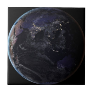 Full Earth Showing City Lights Of Asia At Night. Ceramic Tile