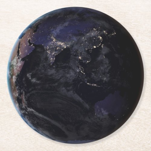 Full Earth Showing City Lights Of Asia At Night Round Paper Coaster