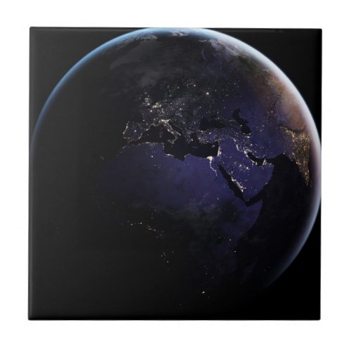 Full Earth Showing City Lights Of Europe At Night Ceramic Tile