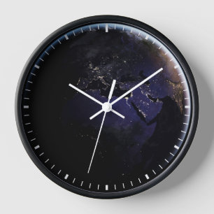 Full Earth Showing City Lights Of Europe At Night. Clock