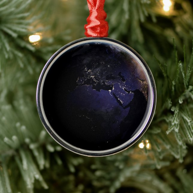 Full Earth Showing City Lights Of Europe At Night. Metal Ornament (Tree)