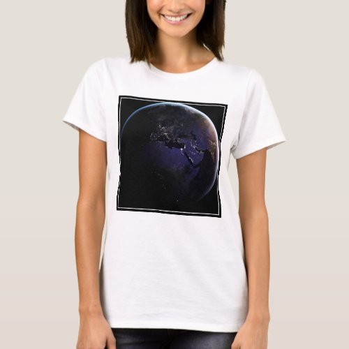 Full Earth Showing City Lights Of Europe At Night T_Shirt