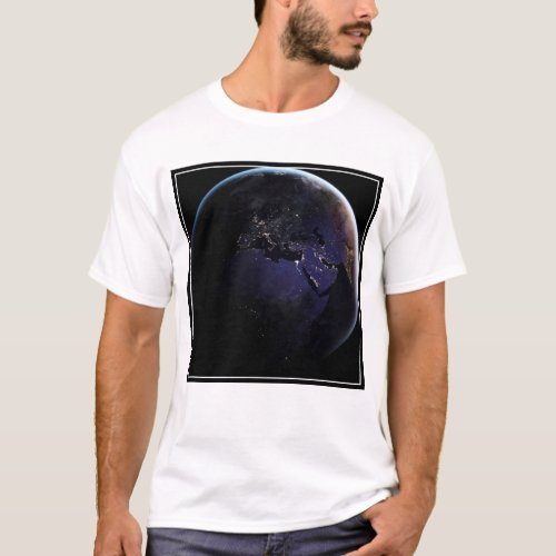 Full Earth Showing City Lights Of Europe At Night T_Shirt