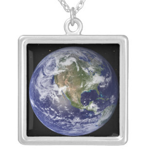 Full Earth showing North America 4 Silver Plated Necklace