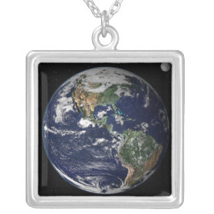 Full Earth showing North and South America Silver Plated Necklace