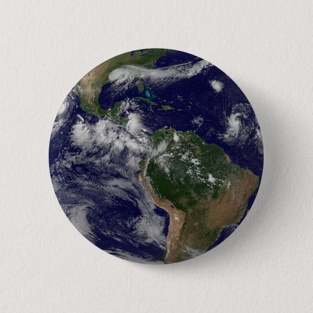 Full Earth Showing Various Tropical Storm Systems. Button (Front)