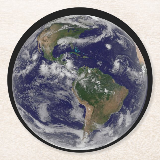 Full Earth Showing Various Tropical Storm Systems. Round Paper Coaster (Front)