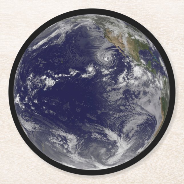 Full Earth Showing Various Tropical Storms. Round Paper Coaster (Front)