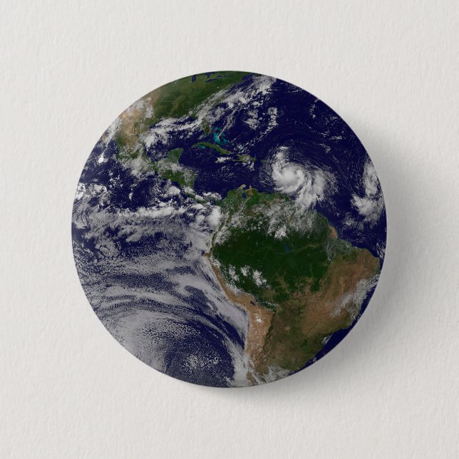 Full Earth With Tropical Storms In The Atlantic Button (Front)