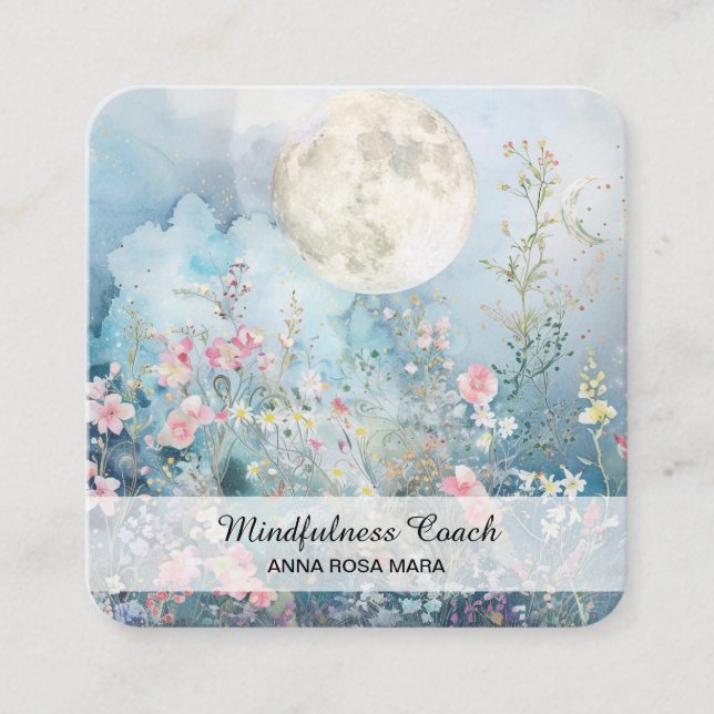 *~* Full Floral Moon Blush Flowers QR AP70 Square Business Card (Front)