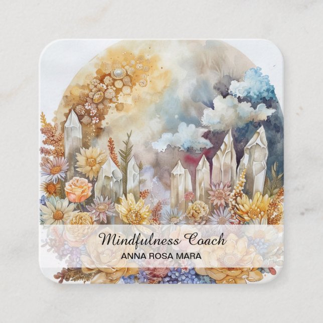*~* Full Floral Moon Flowers QR AP70 Crystals Square Business Card (Front)
