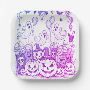Full Halloween Background Purple Ghosts Paper Plates