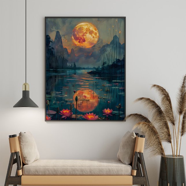 Full Moom and Lake with Lotus Flowers Painting Poster (Full Moom and Lake with Lotus Flowers Painting Poster in a boho living room.)