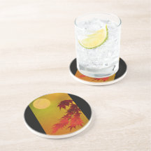 Full Moon and Autumn Leaves Gold Sandstone Coaster