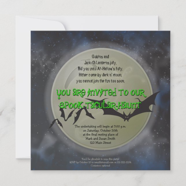 Full Moon and Bats Halloween Party Invitation (Front)