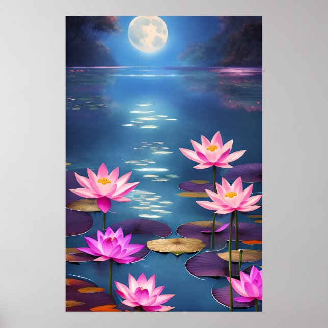 Full Moon and Beautiful Pink Lotus Flowers Poster (Front)