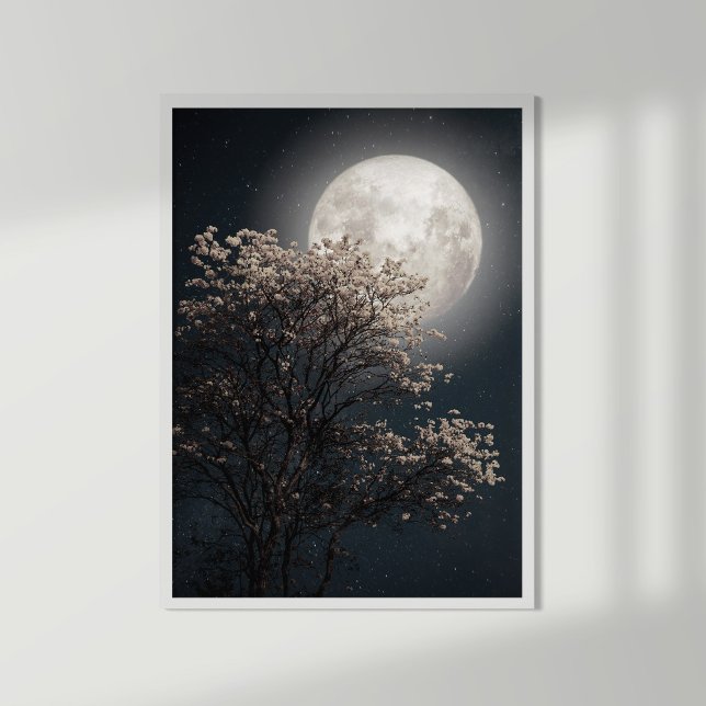 Full Moon and Blossoming Tree Night Wall Art Print (Blooming tree and shining full Moon)