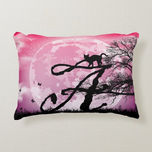 Full Moon and Cat A Initial Monogram Luggage Tag Accent Pillow