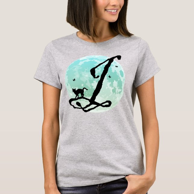 Full Moon and Cat J Initial Monogram T-Shirt (Front)