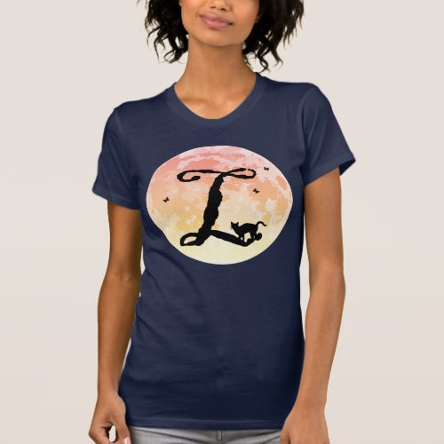 Full Moon and Cat L Initial Monogram T_Shirt