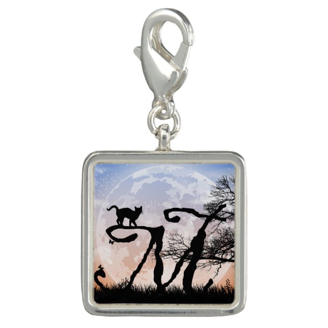 Full Moon and Cat M Initial Monogram Charm (Front)