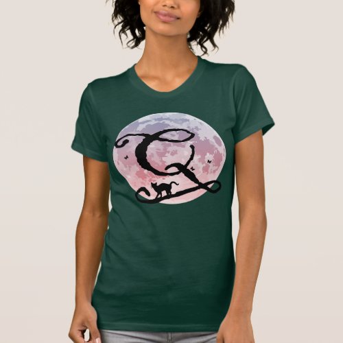 Full Moon and Cat Q Initial Monogram T_Shirt