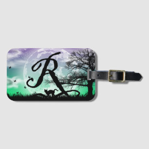 Full Moon and Cat R Initial Monogram Luggage Tag