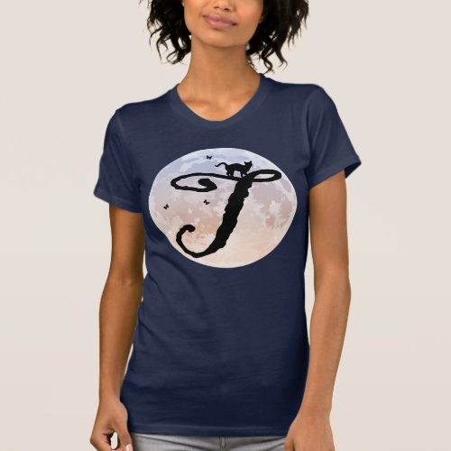 Full Moon and Cat T Initial Monogram T_Shirt