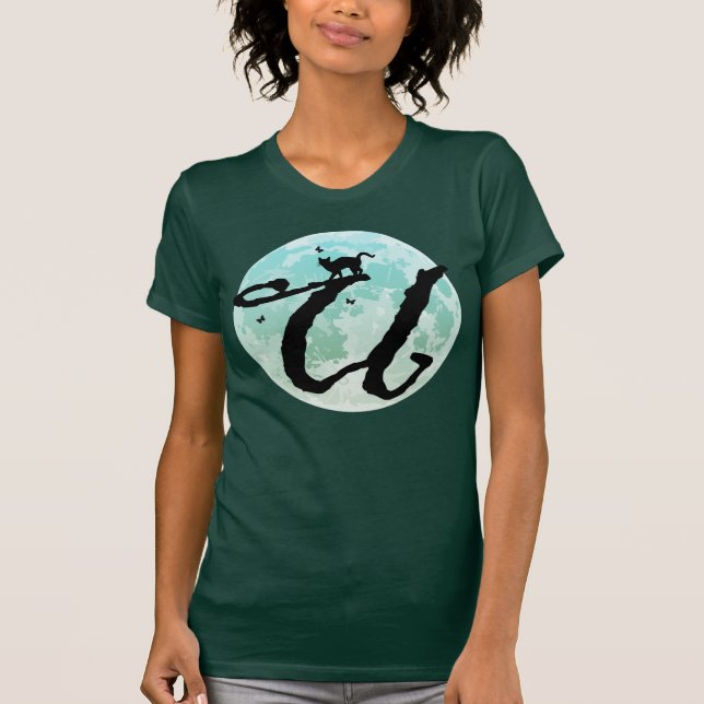 Full Moon and Cat U Initial Monogram T-Shirt (Front)