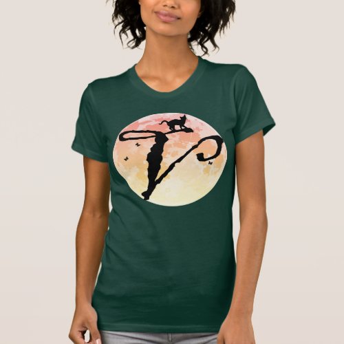 Full Moon and Cat V Initial Monogram T_Shirt