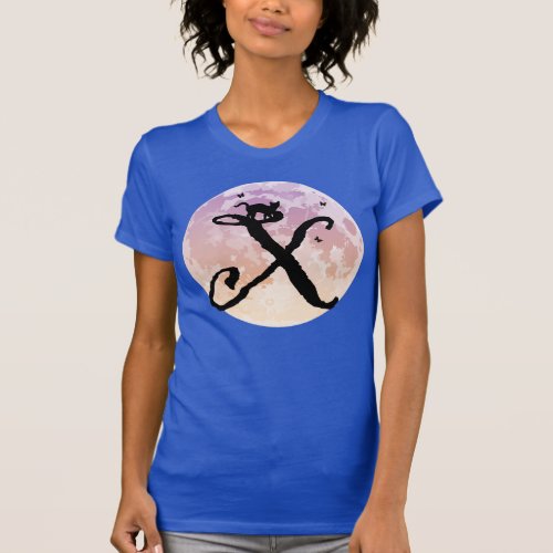 Full Moon and Cat X Initial Monogram T_Shirt