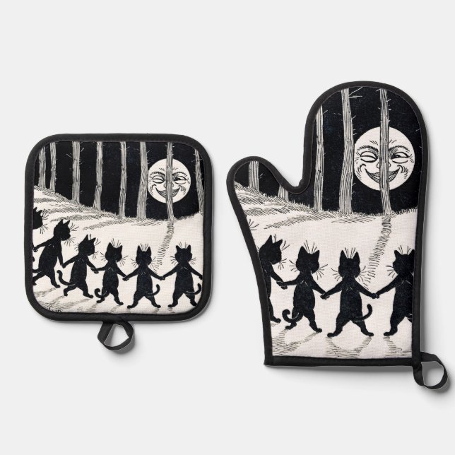 Full moon and Cats, Louis Wain Oven Mitt & Pot Holder Set (Front)