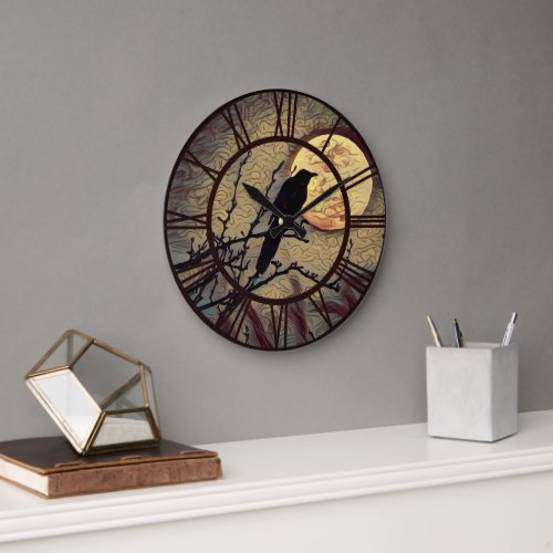 Full Moon and Crow Autumn Fall Digital Painting Large Clock